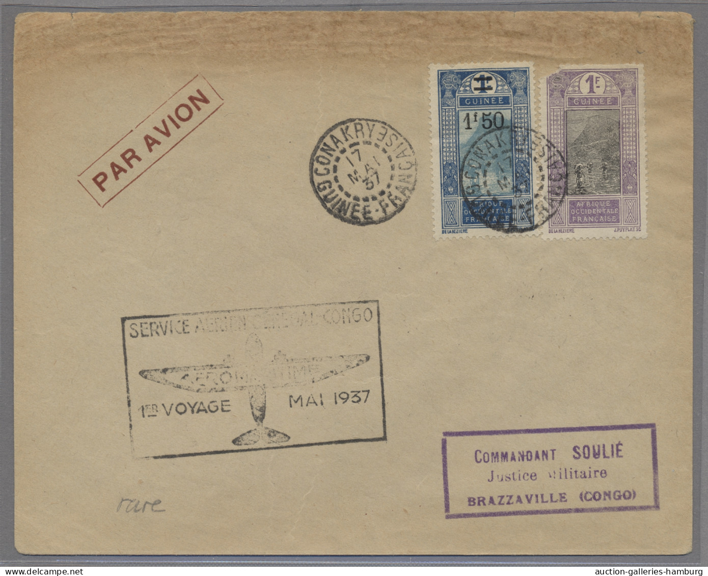 French Guinea: 1937, 17.5., Erstflug Conakry-Pointe Noire, 1 Marke Eckfehler Und - Other & Unclassified