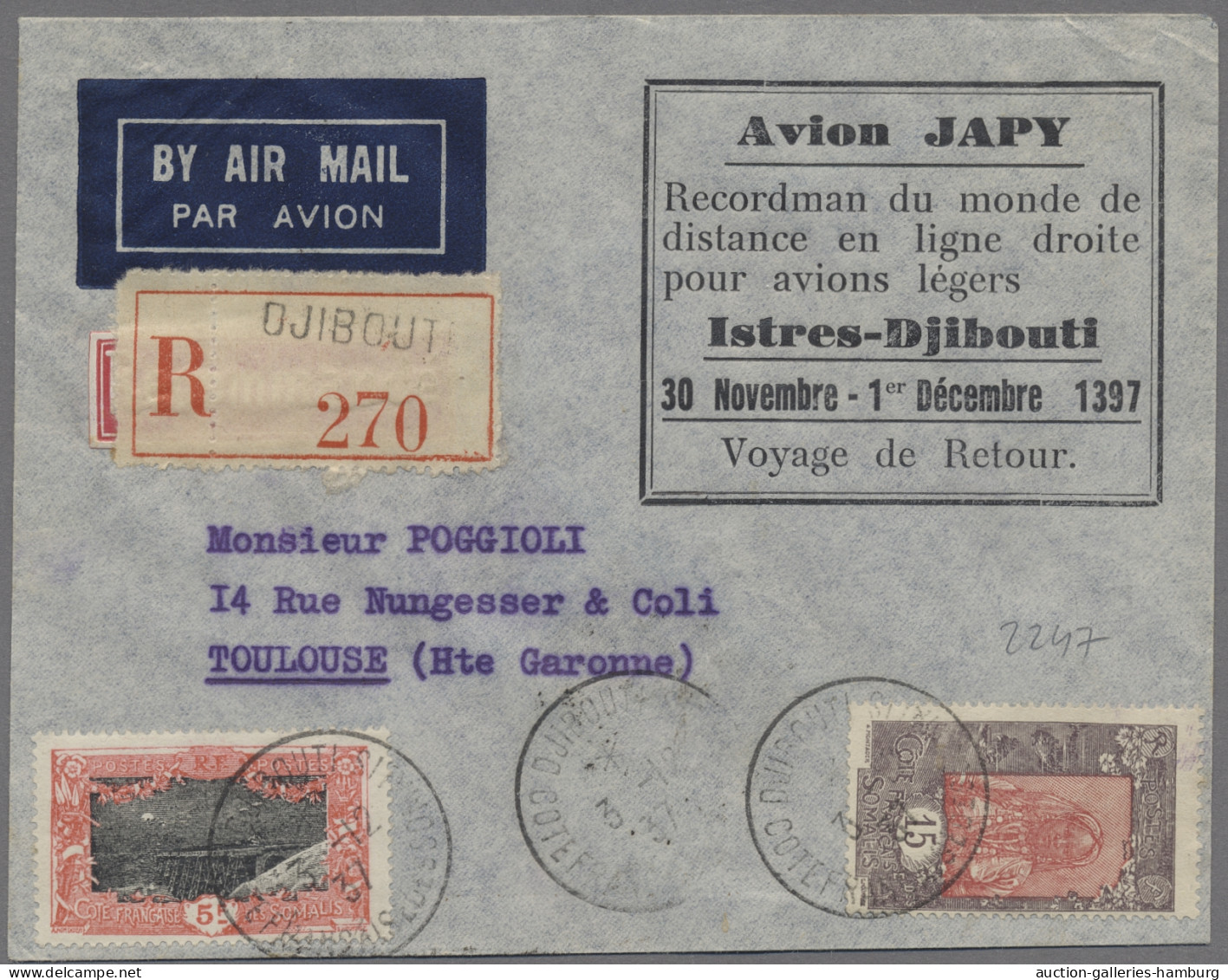 French Somali Coast: 1937, 3.12., Erstflug Von Japy Nach Istres In Frankreich, S - Lettres & Documents