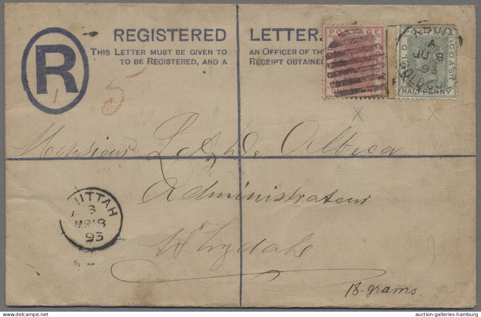 Gold Coast - Postal Stationery: 1892, "Victoria" 2 Pence-Einschreibe-Ganzsachenu - Gold Coast (...-1957)