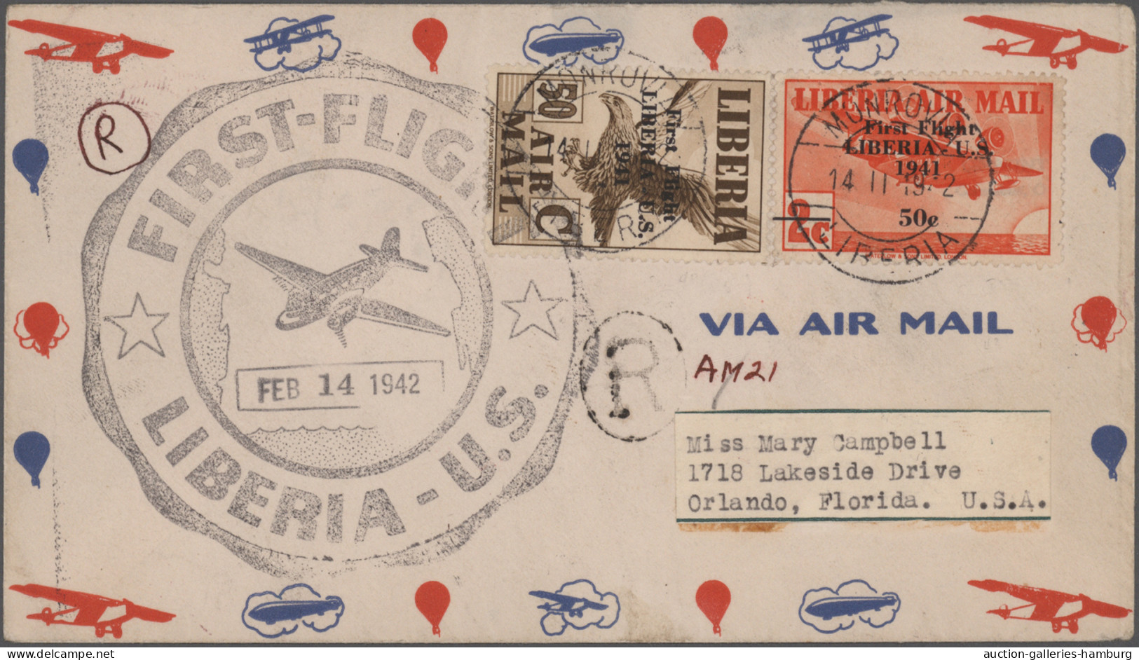 Liberia: 1942 "First Flight Liberia-U.S.": 1941 Airmail Stamps 50c On 2c And 50c - Liberia