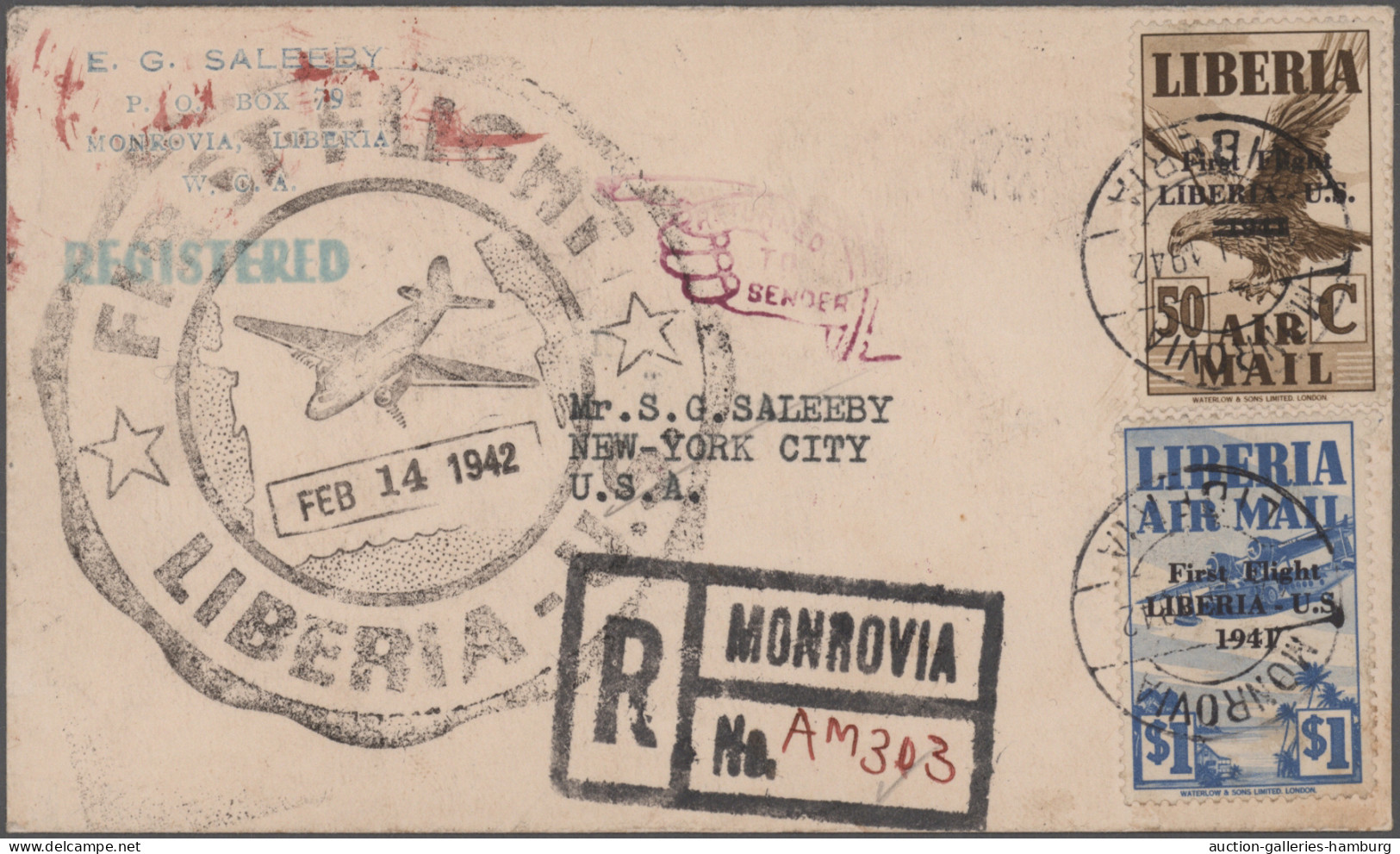 Liberia: 1942 "First Flight Liberia-U.S.": Airmail Stamp $1 Of 1941 Used Along W - Liberia