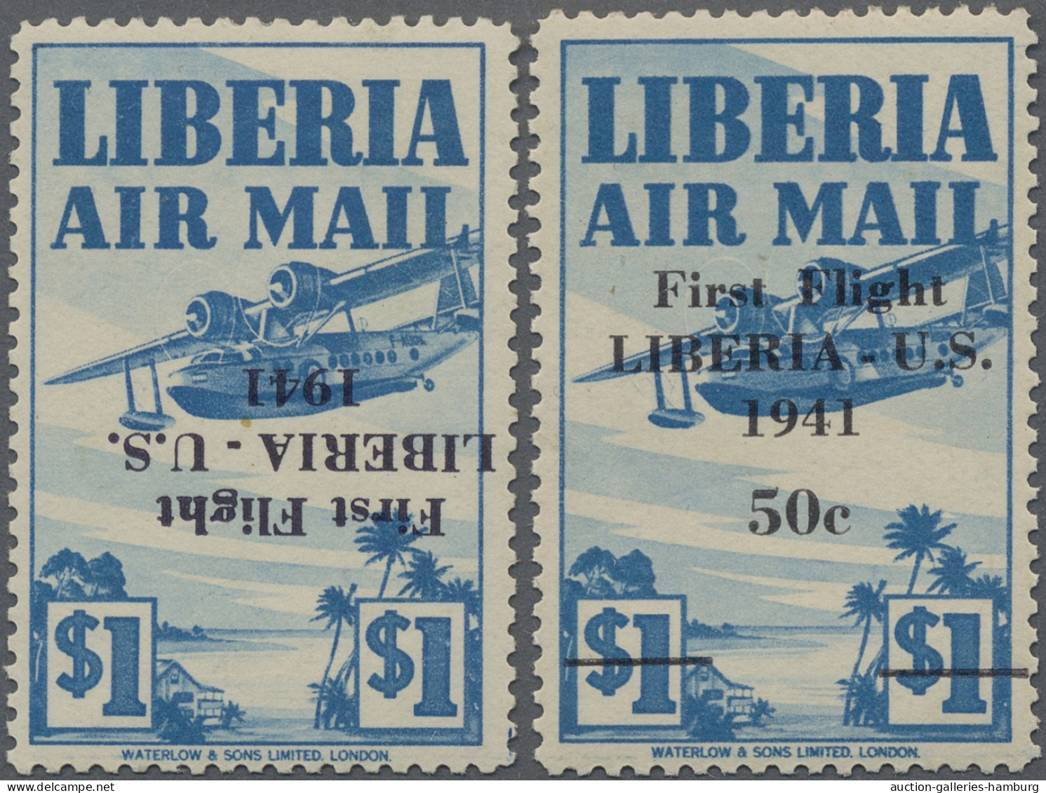 Liberia: 1941 Air $1, Two Singles Showing Varieties, One With OVERPRINT INVERTED - Liberia