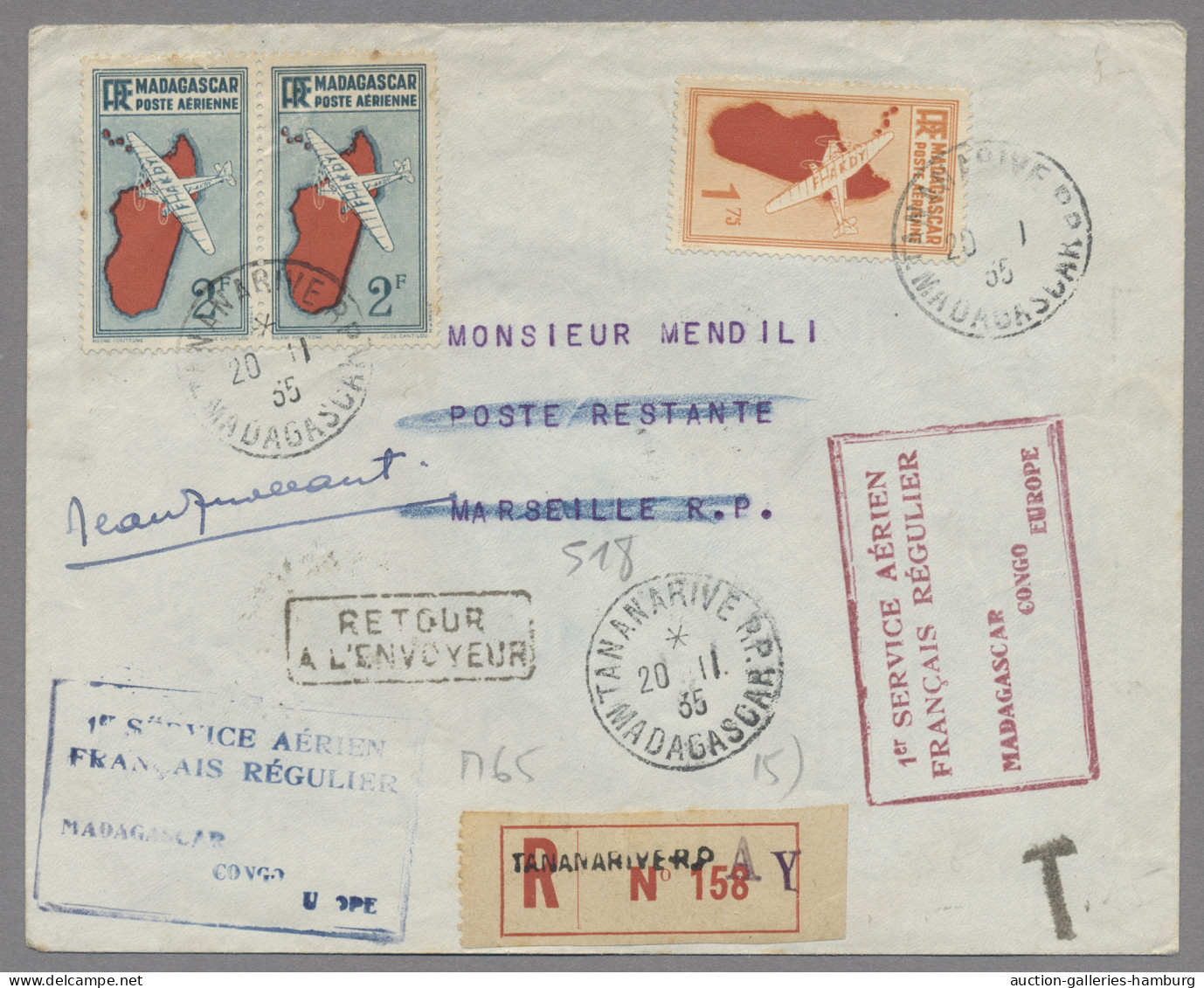 Madagascar: 1935, 20.11., Recobrief, Erstflug Nach Marseille über Den Kongo, Ent - Madagascar (1960-...)