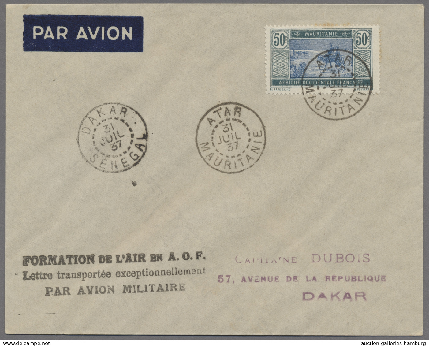 Mauretania: 1927, JUL 31, Flight From ATAR To Dakar, Airmail Letter Franked 50c. - Mauritanie (1960-...)