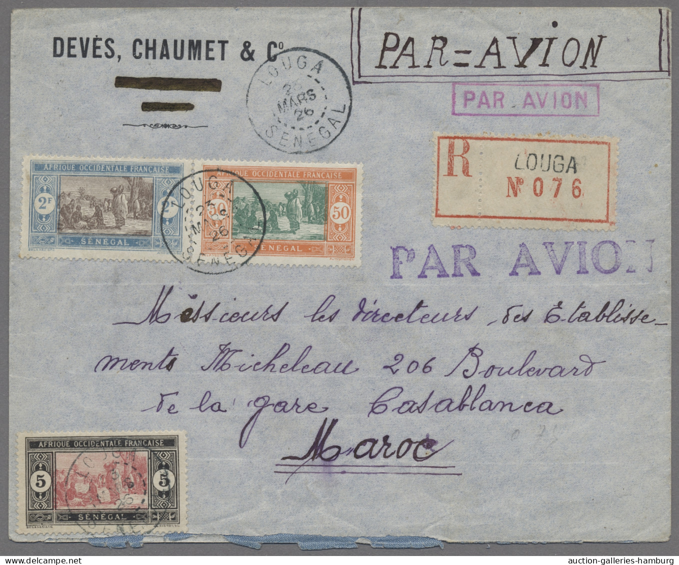 Senegal: 1926, MAR 23, Registered Letter From LOUGA, Senegal To Casablanca Via T - Sénégal (1960-...)