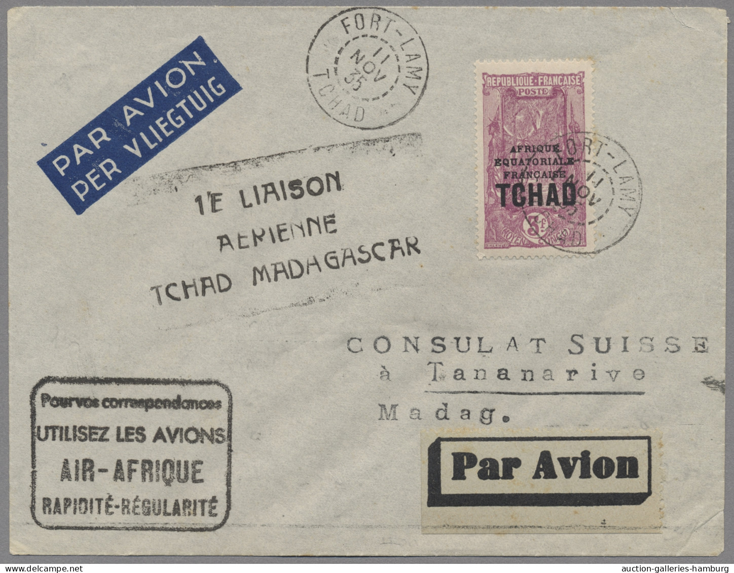 Chad: 1935, 11.11., Erstflug Fort Lamy Nach Madagaskar Mit Entsprechendem Sonder - Chad (1960-...)