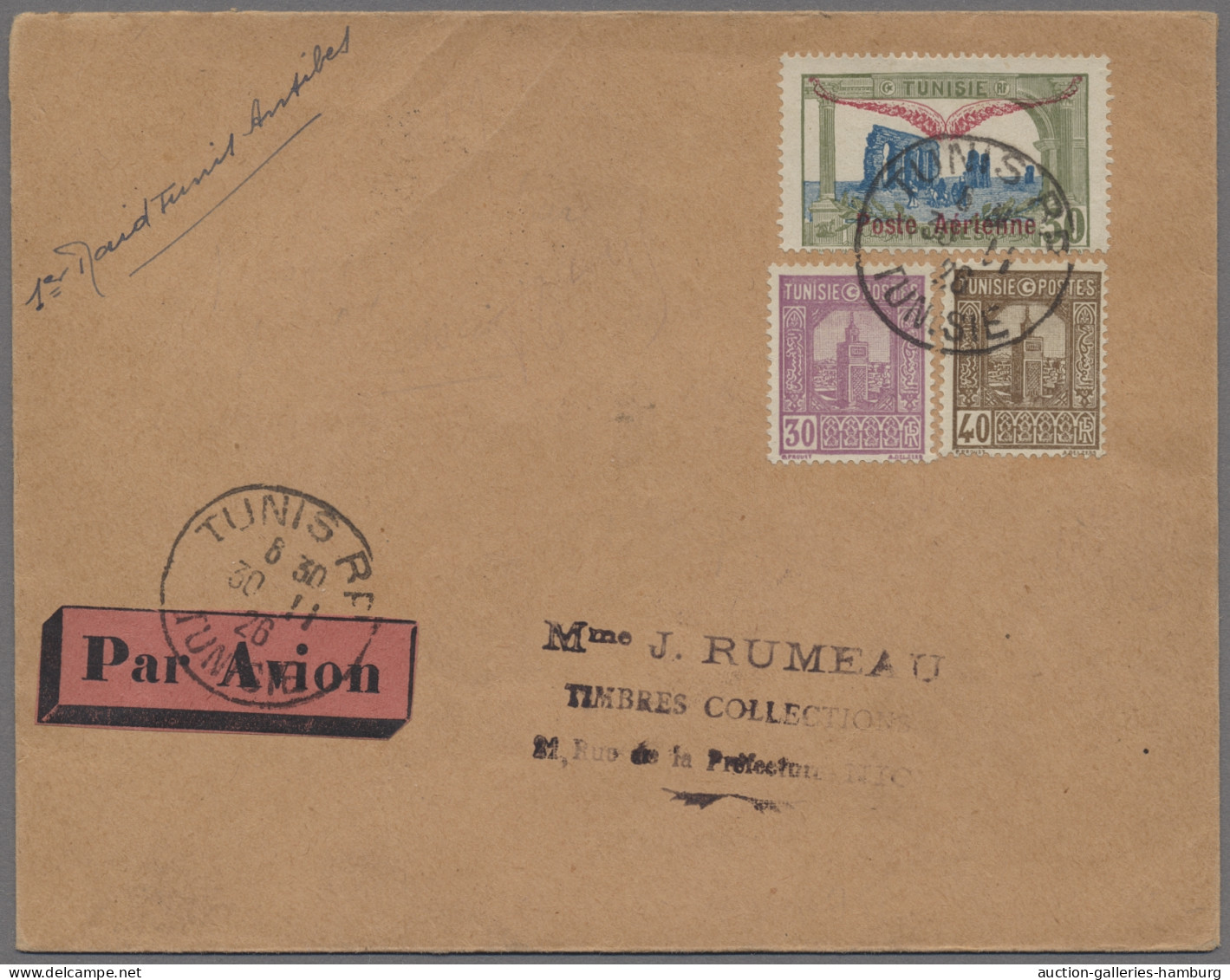 Tunisia: 1926, 30.11., Versuchsflug Tunis Nach Antibes, Kab. Beleg. - Lettres & Documents