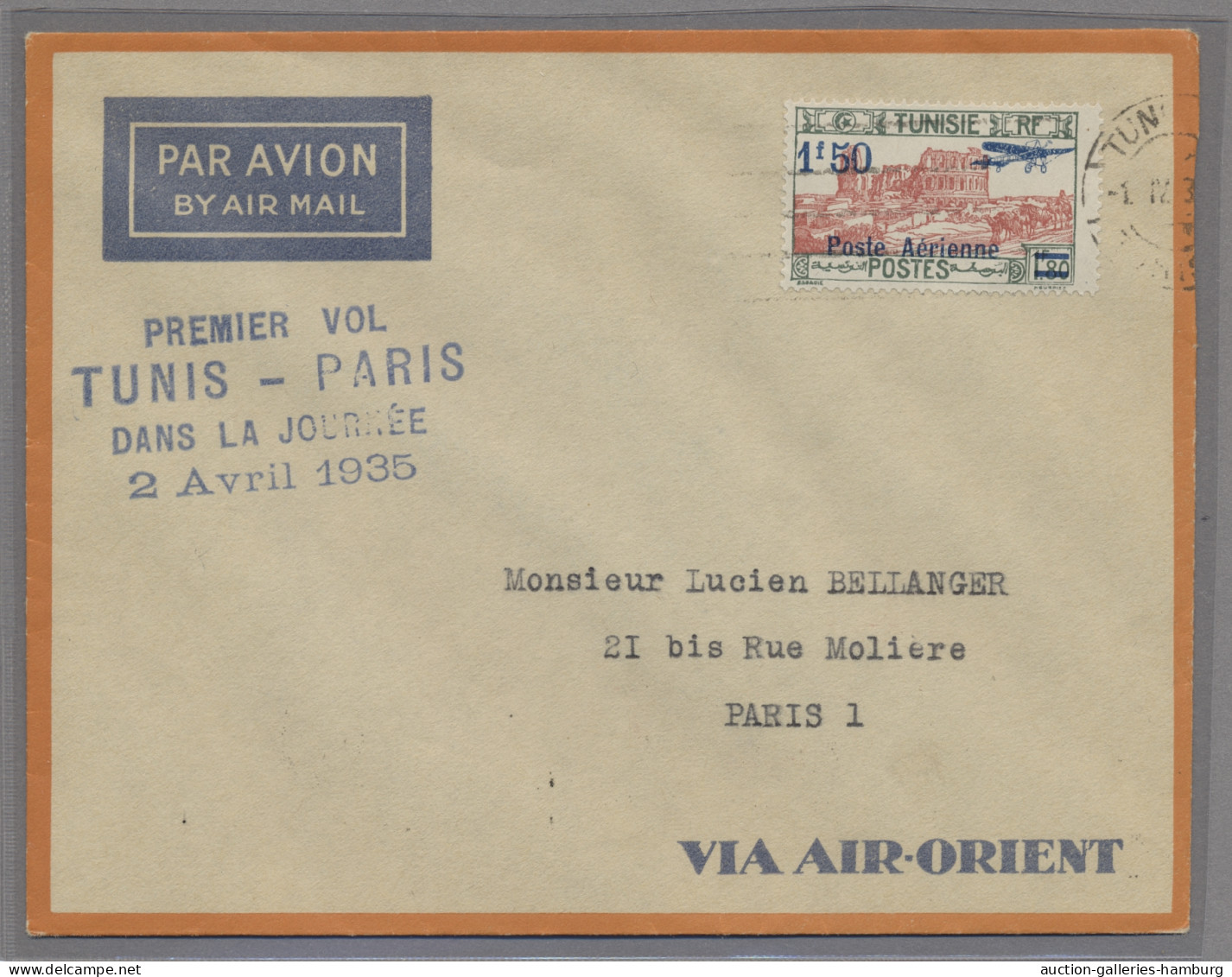 Tunisia: 1935, 2.4., Erstflugbrief Nach Paris, Mit Entsprech. Sonderstempel, Kab - Tunisie (1956-...)