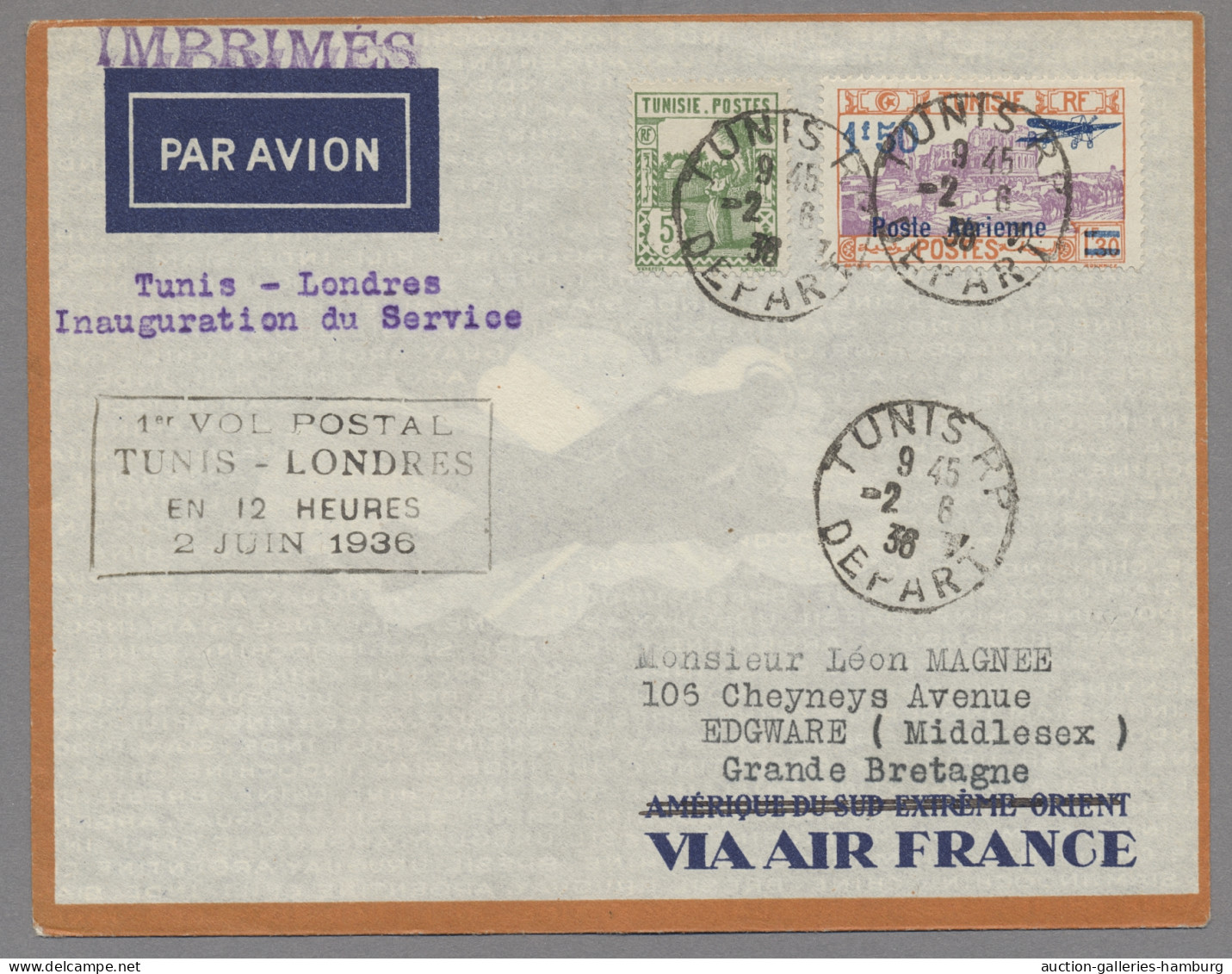 Tunisia: 1936, 2.6., Erstflugbrief Nach London, Luxus! - Tunisia