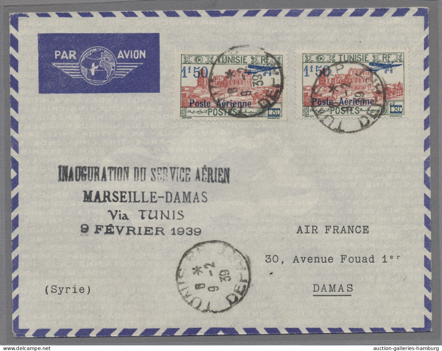 Tunisia: 1939, 9.2., Erstflugbrief Nach Damaskus, Mit Entsprech. Sonderstempel, - Tunisie (1956-...)