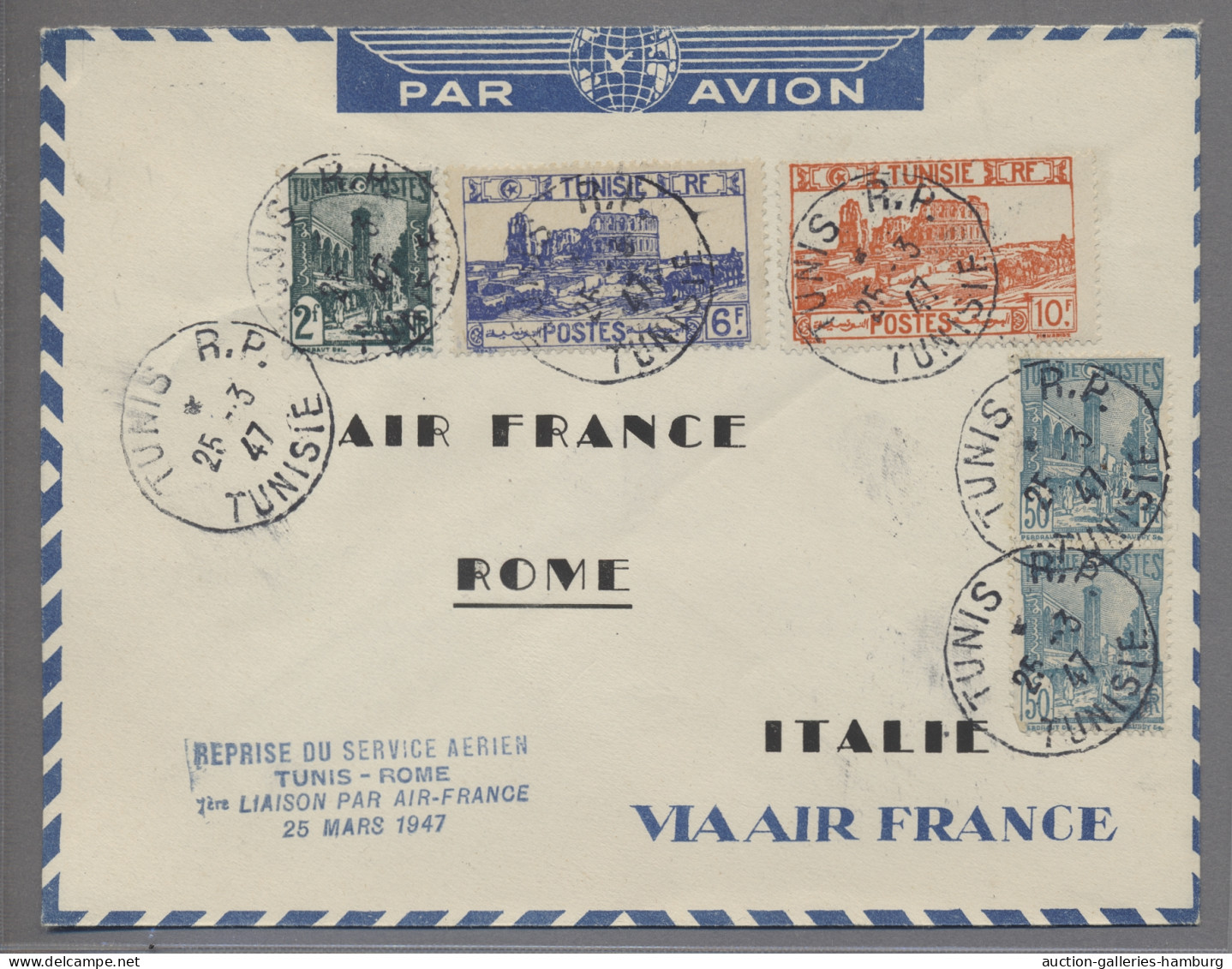 Tunisia: 1947, 25.3., Erstflugbrief Tunis-Rom Mit Air France, Luxus! - Tunisie (1956-...)