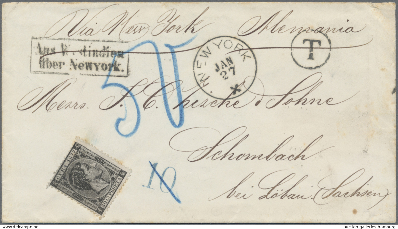 Cuba - Spanish Colony: 1877, 50 C Black On Cover Via New York To Schombach (Germ - Kuba (1874-1898)