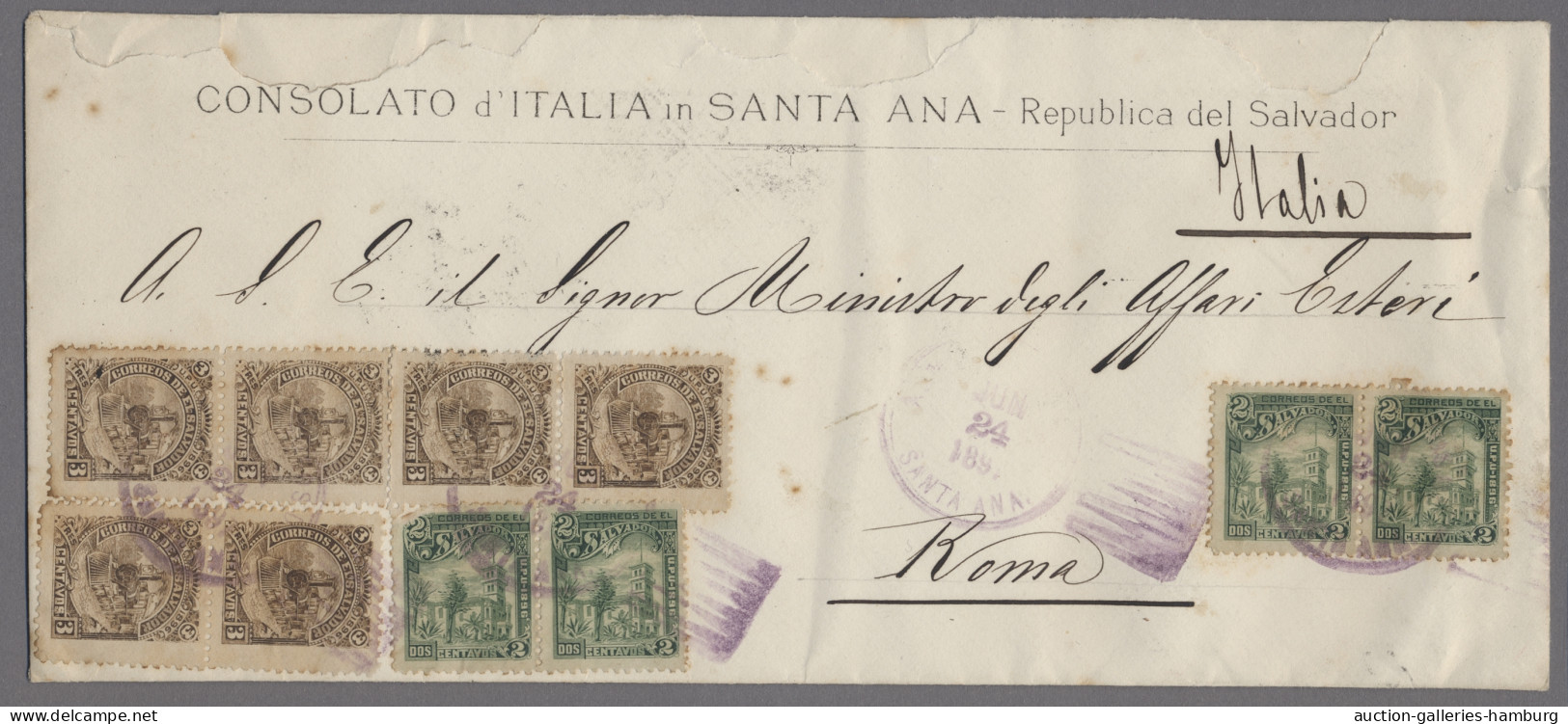 El Salvador: 1897, Large Commercial Envelope Of The Consulate Of Italy At Santa - El Salvador