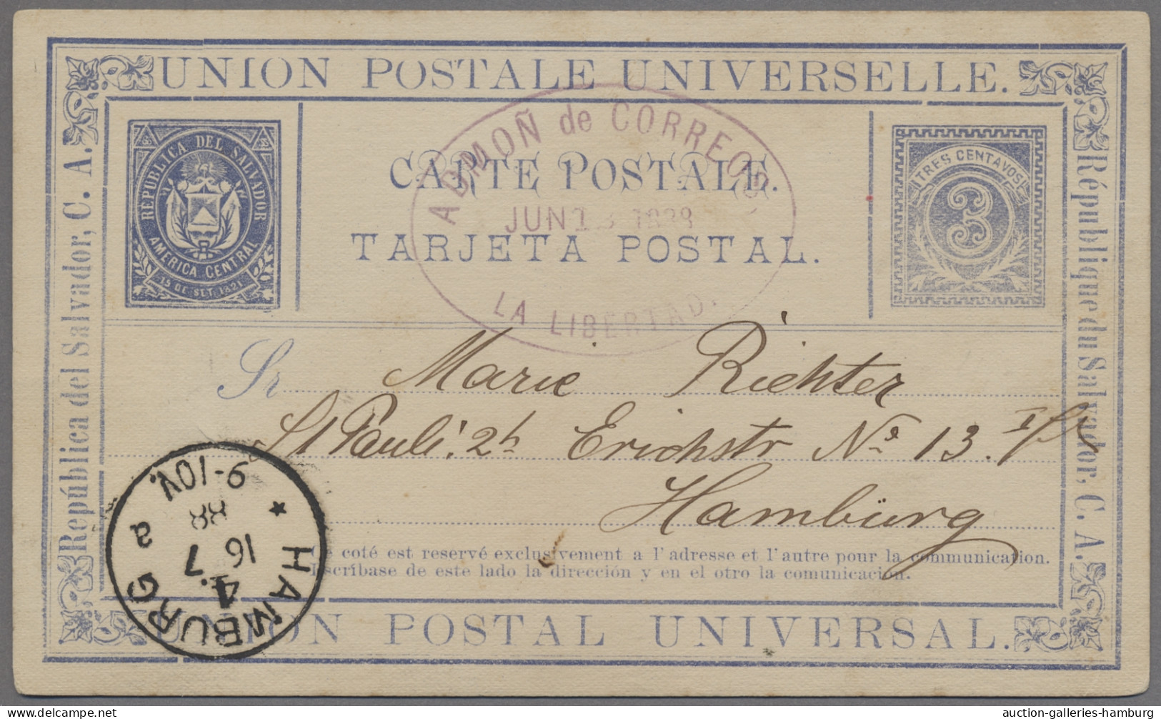 El Salvador - Postal Stationery: 1888, JUN 13, PSC 3c Ultramarine With Oval ADMO - Salvador