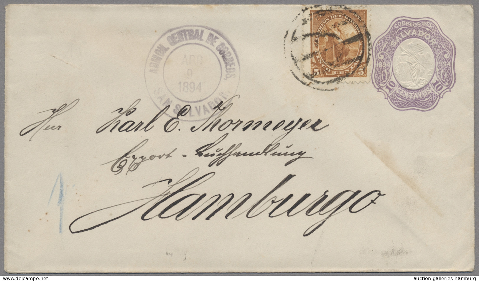 El Salvador - Postal Stationery: 1894, PSE 10c Light Violet Uprated By 5c Libert - El Salvador