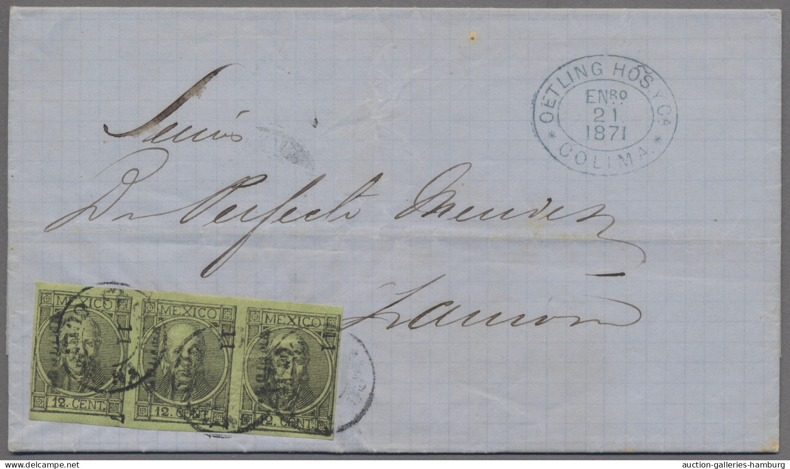 Mexico: 1871, Jan 21, EL From COLIMA Bearing 12c Black On Green Horizontal Strip - Mexique