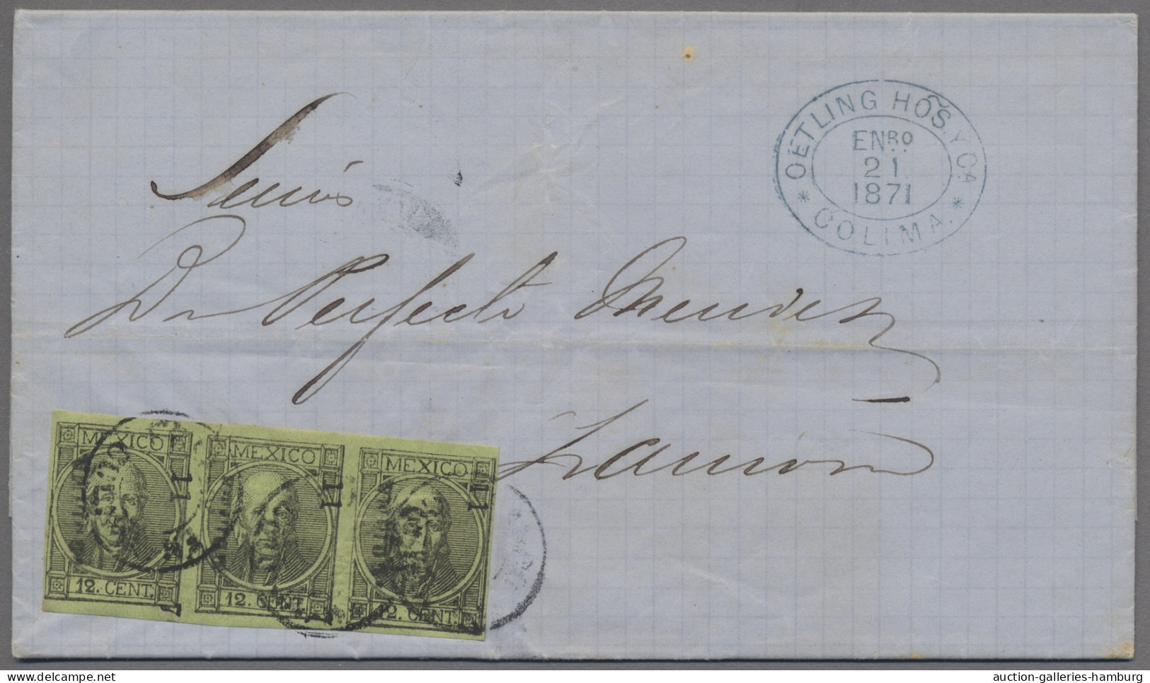 Mexico: 1871, Jan 21, EL From COLIMA Bearing 12c Black On Green Horizontal Strip - México