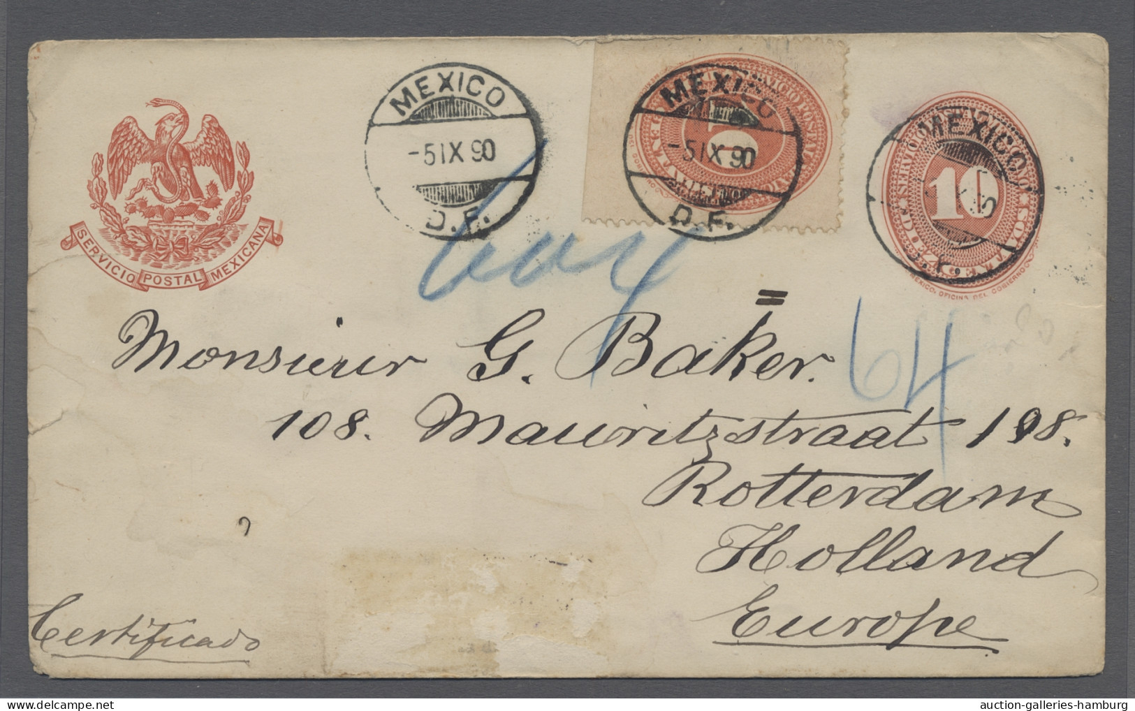 Mexico: 1890, PSE 10c Red Uprated With 10c Red, Sent From MEXICO Via New York To - Mexico