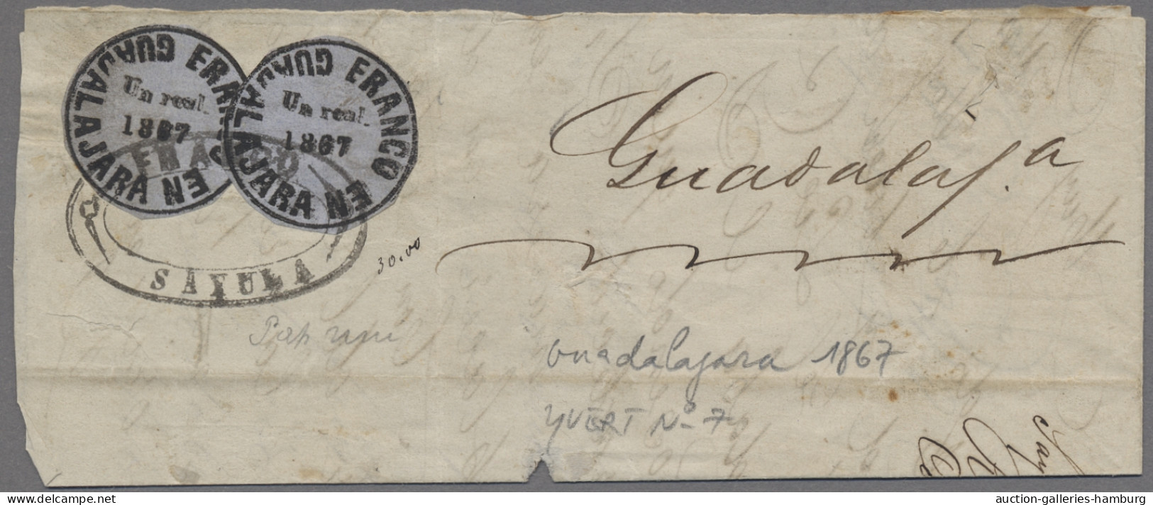 Mexico: GUADALAJARA, 1867 Part Of A Cover Bearing "Un Real" Grey-blue Cut To Sha - Mexico