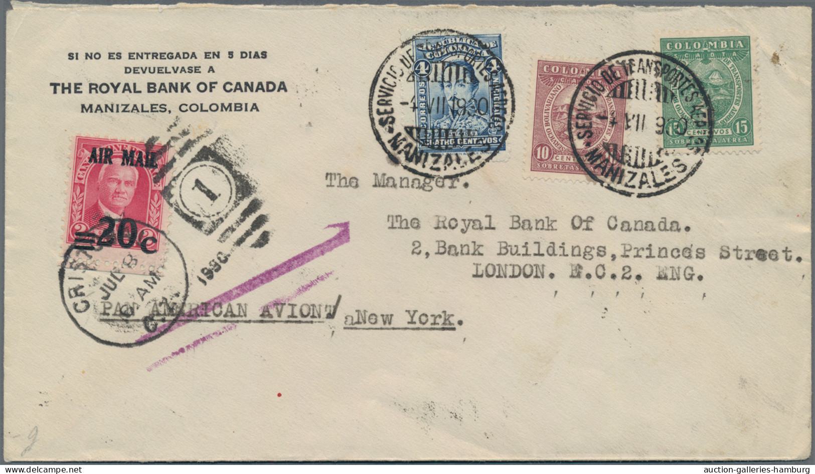 SCADTA: 1929, 10 C. And 15 C. With Colombia 3 C. Tied "MANIZALES 4.VII.30" To Ai - America (Other)