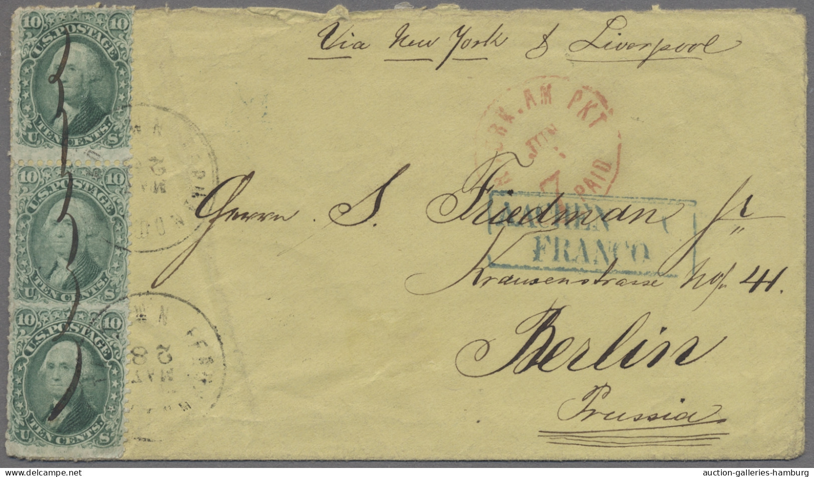 United States: 1868, 10c Green Vert Pair And Single On Cover To Berlin Stamps Ti - Covers & Documents