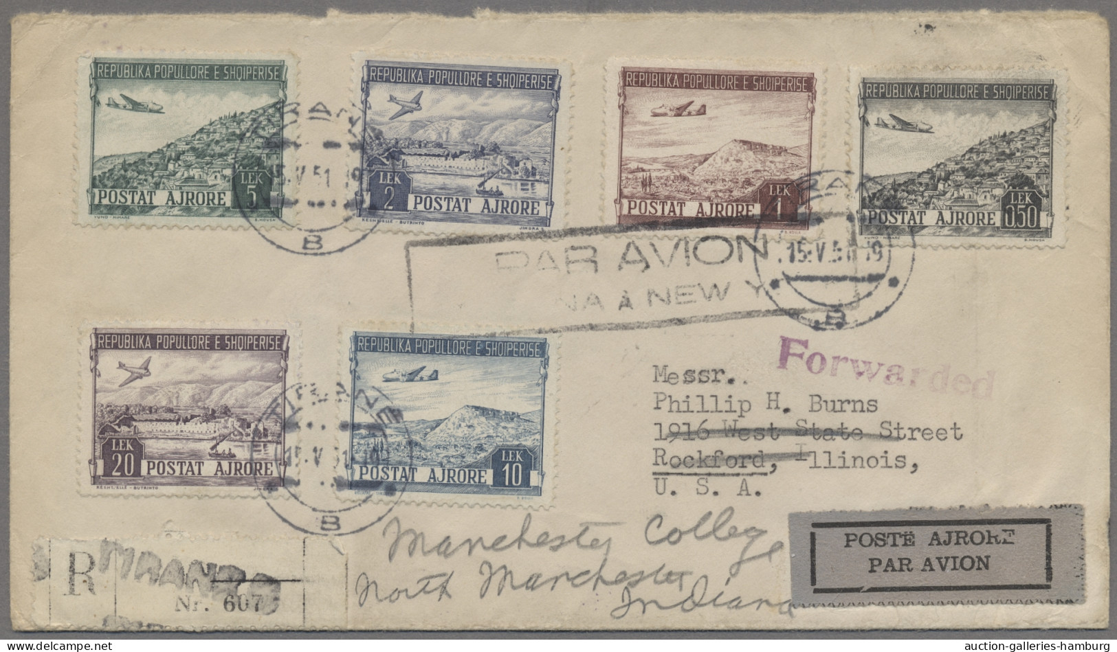 Albania: 1951 Registered Airmail Cover To The US Bearing Complete Set Of The 195 - Albanie