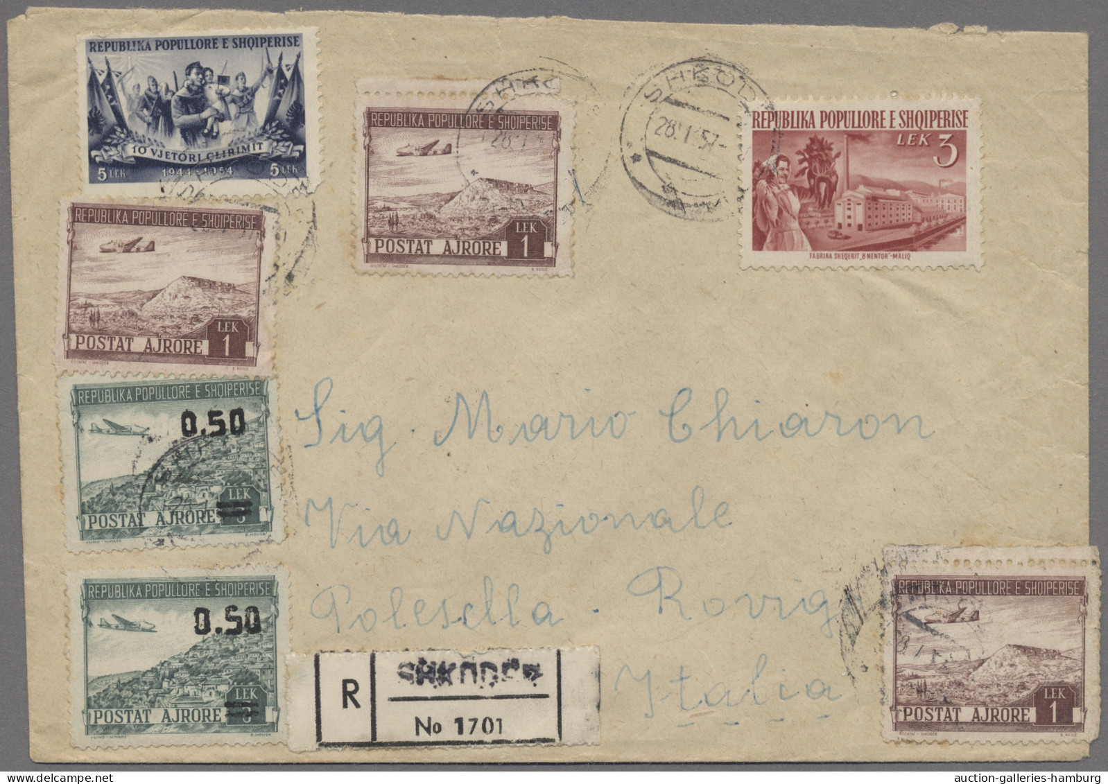 Albania: 1957, Registered Letter From SHKODER To Italy Bearing Airmail Overprint - Albanie