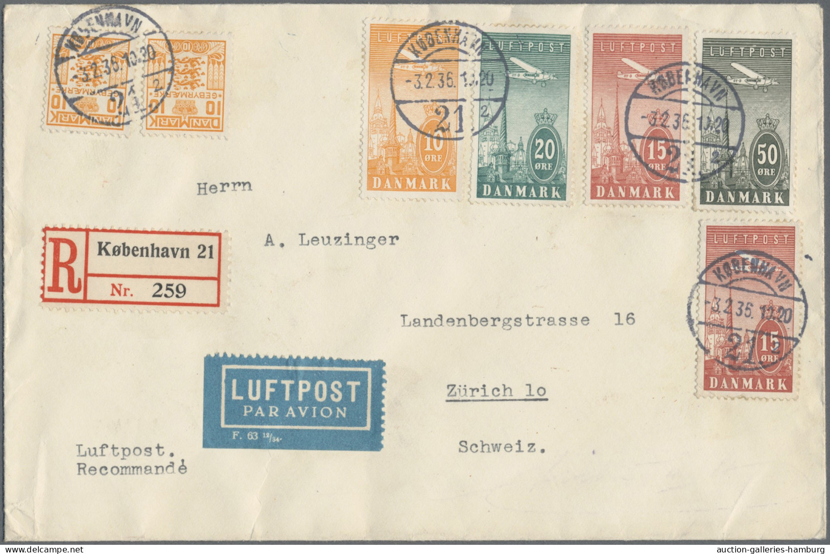 Denmark: 1934, Luftpostmarken Zu 10, 15 (2), 20 Und 50 Öre In Kombination Mit Ve - Covers & Documents