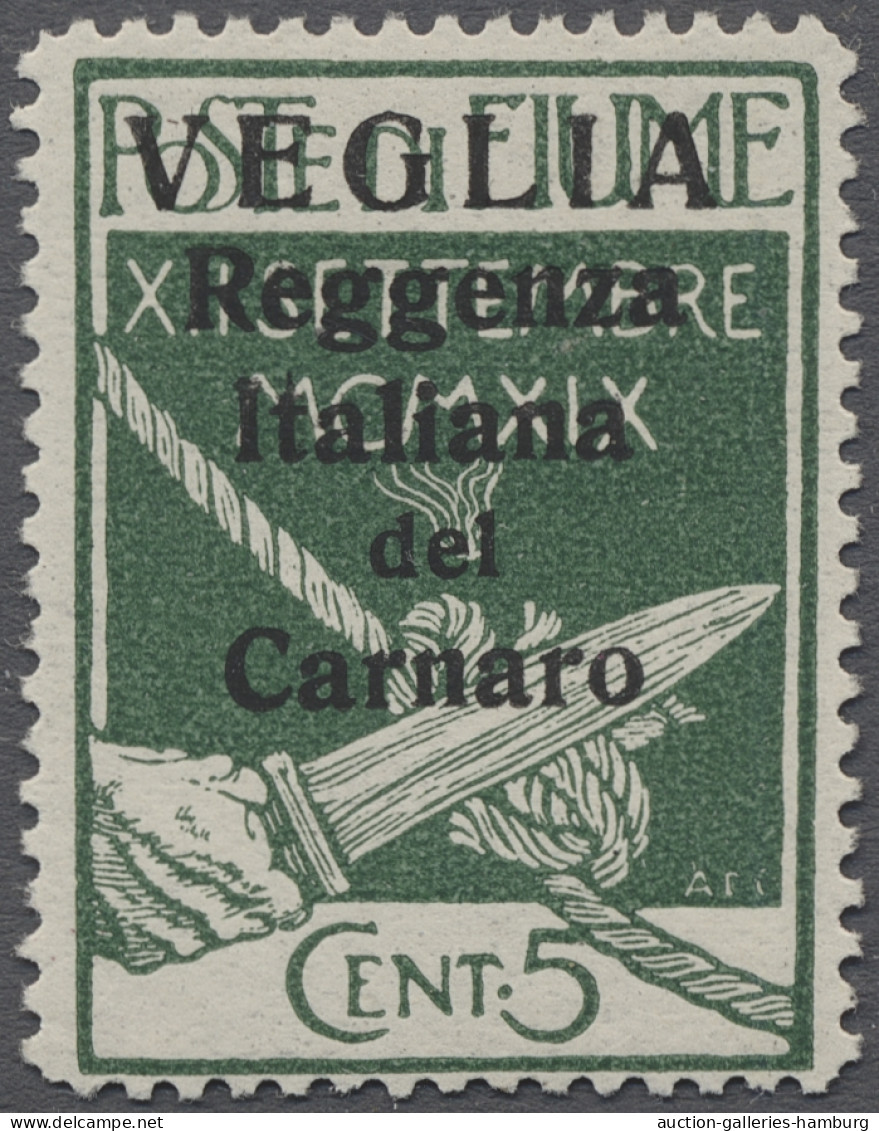 Fiume: 1920, Freimarke Mit Großem Aufdruck Für Die Insel Veglia. 5 Cent. Grün In - Fiume