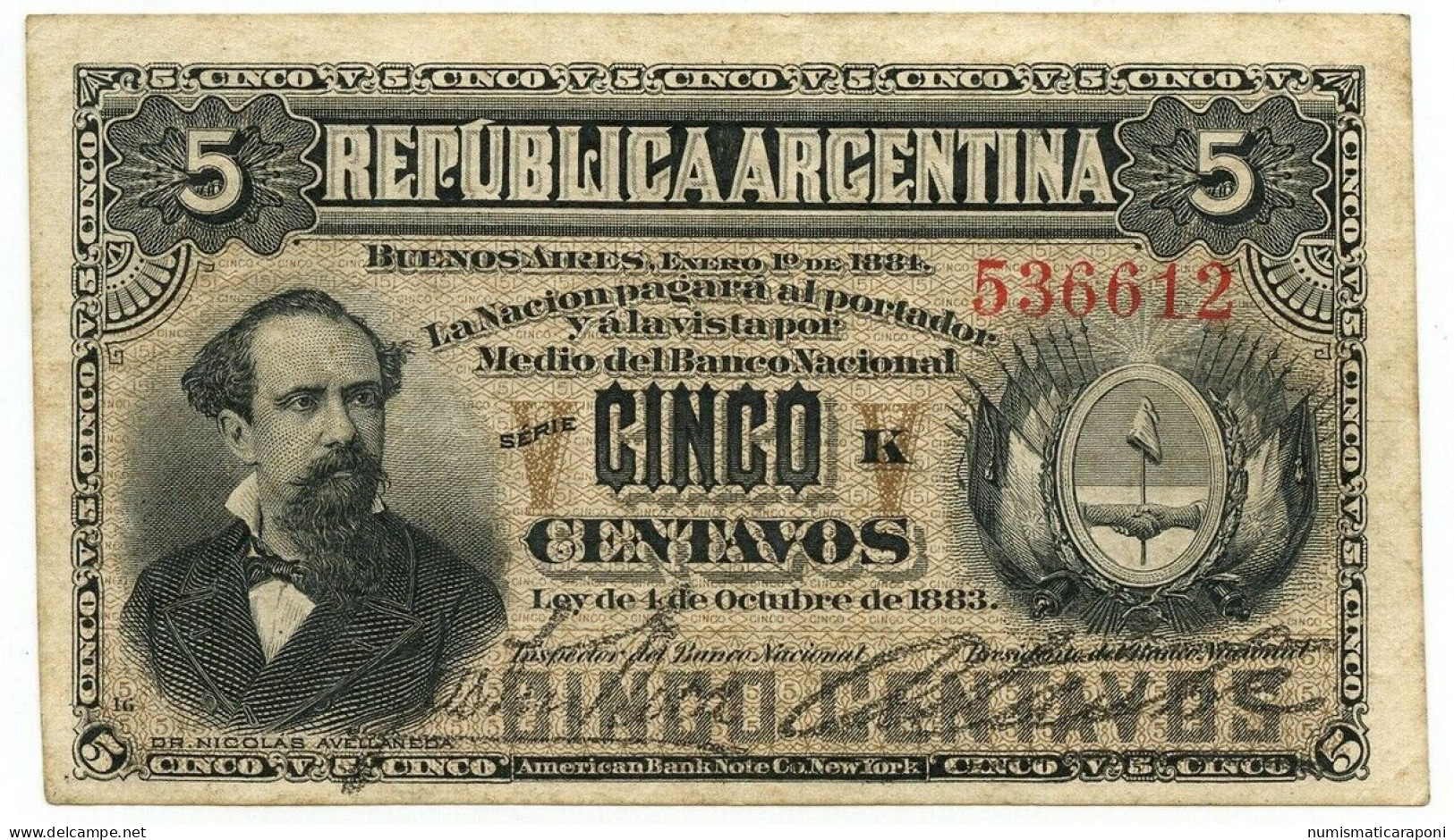 5 CENTAVOS REPUBLICA ARGENTINA BANCO NACIONAL AVELLANEDA 01/10/1883 QSPL Lotto 570 - Argentinien