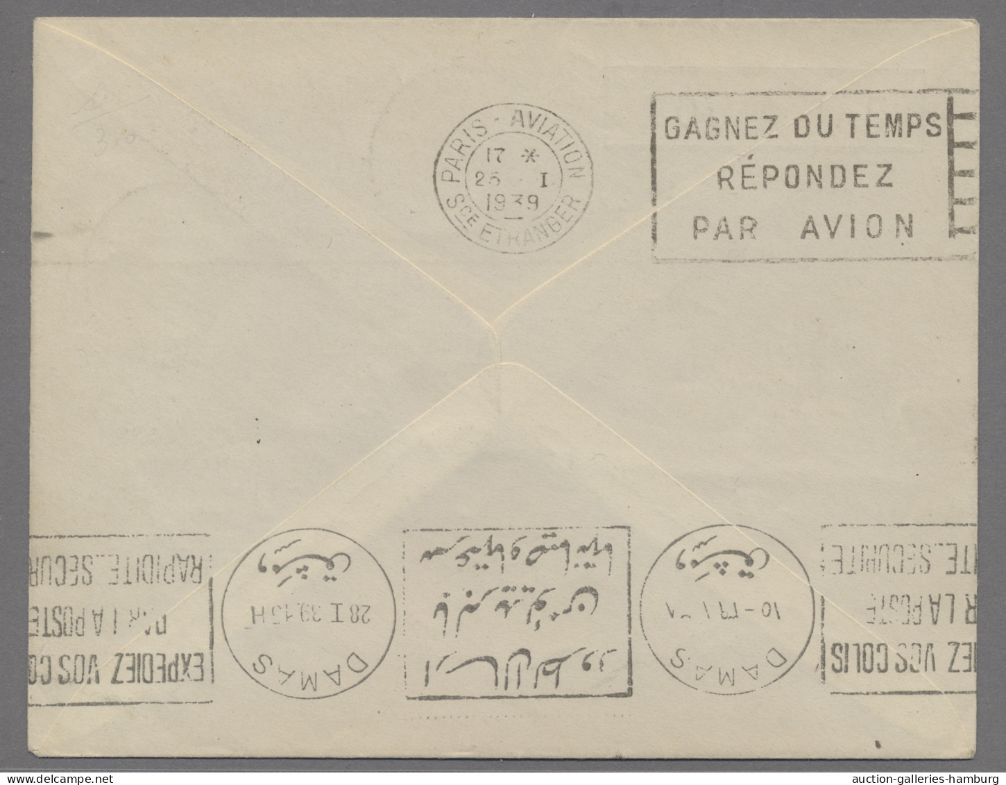 France: 1939, 25.1., Erstflug Marseille - Tunis - Damaskus. - Lettres & Documents
