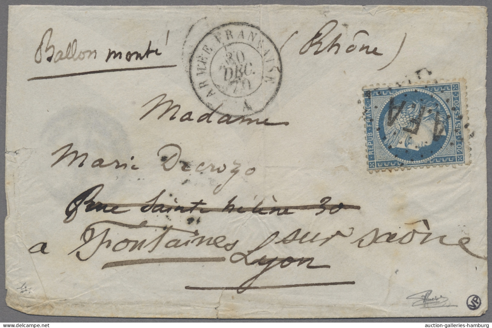 France - Ballon Monté: 1870, Ceres 20 C. Blau, Entwertet Mit Punktrautenstempel - Correo Aéreo