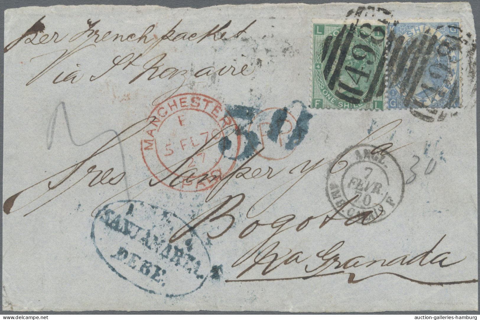 Great Britain: 1870/1872, Manchester-Bogota, Two Fronts Of Covers To Same Addres - Non Classés