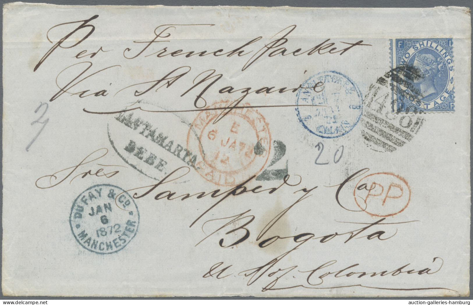 Great Britain: 1870/1872, Manchester-Bogota, Two Fronts Of Covers To Same Addres - Non Classés