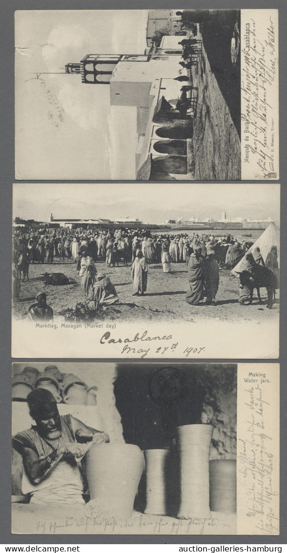 British Post In Morocco: 1905-1908, Acht Verschiedene Ansichtskarten Aus Einer K - Otros