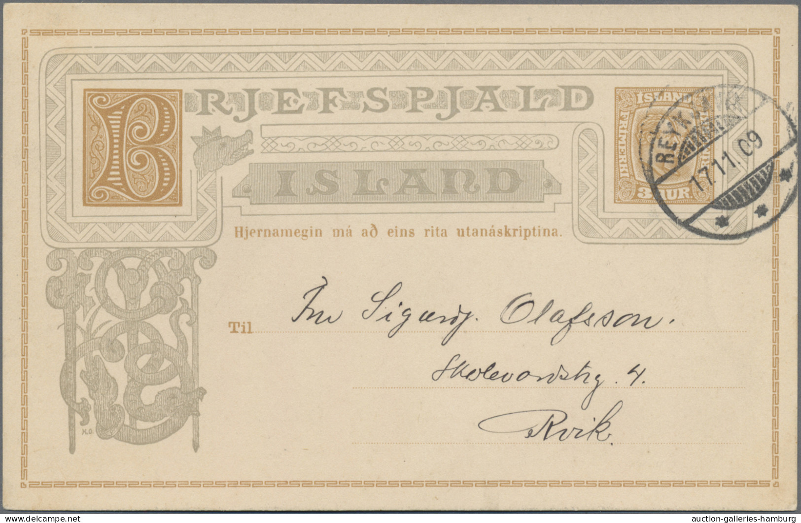 Iceland - Postal Stationery: 1909, Christian/Frederik, 3 Aurur Bistre, Commercia - Enteros Postales