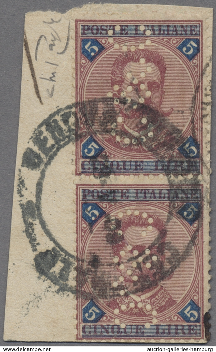 Italy: 1891, Umberto I., 5 Lire Blau / Rosa, Senkrechtes Paar Mit Firmenlochung - Other & Unclassified