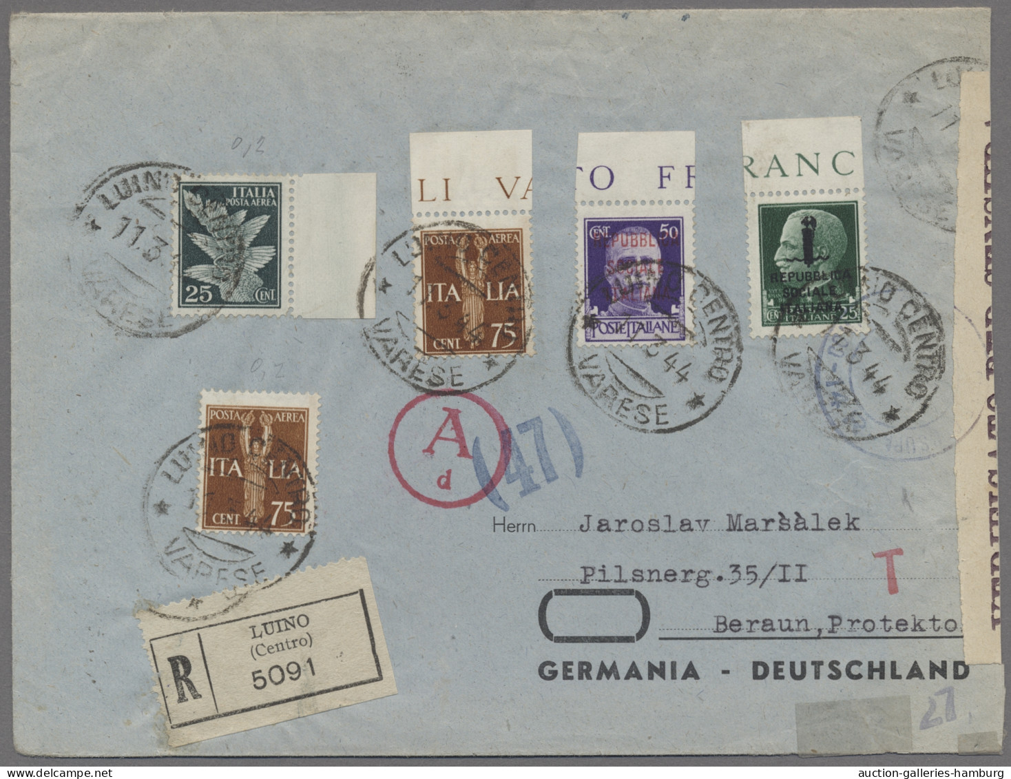 Italy: SOZIALE REPUBLIK, 1944, 11.3., Recobrief Aus LUINO Nach Beraun (Beroun, B - Marcophilie