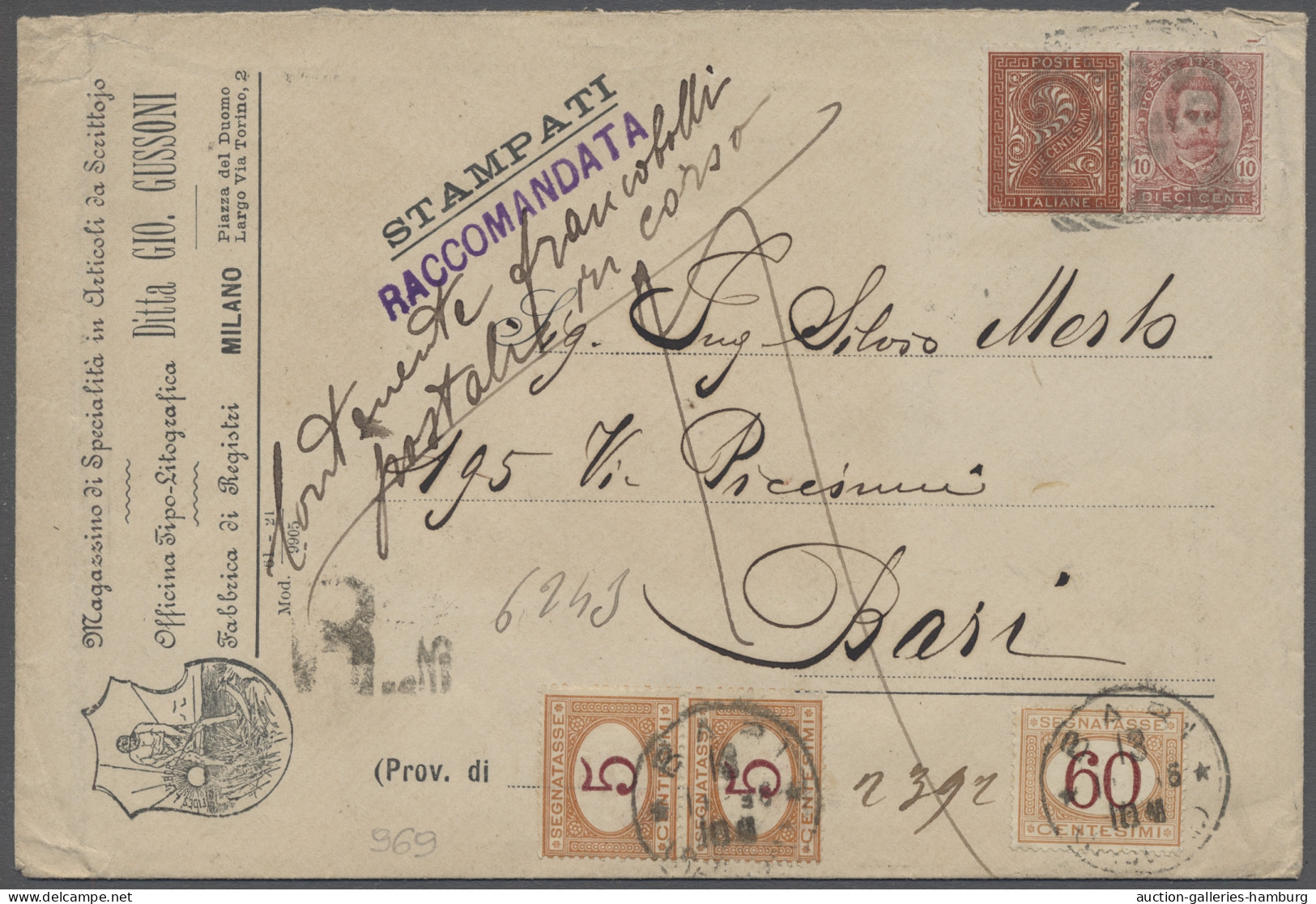 Italy - Postage Dues: 1896, Einschreib-Drucksache Aus Mailand Nach Bari, Frankie - Impuestos