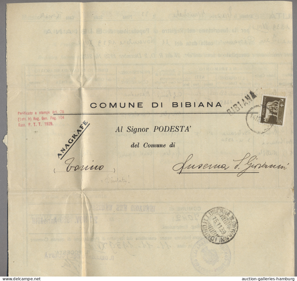 Italy - Post Marks: 1939, Behördenpost Von Bibiana Nach Luserna San Giovanni (Tu - Marcophilie