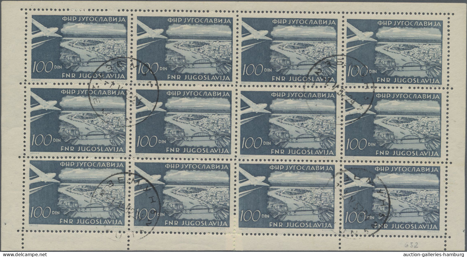 Yugoslavia: 1951 100 Din Airmail In Sheets Of 12 In Both Color Shades, CTO. - Other & Unclassified