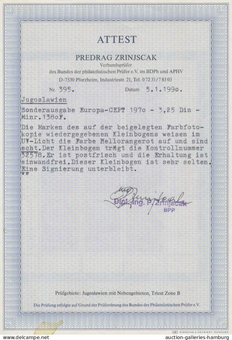 Yugoslavia: 1970, Europa Union 3,25 Din. Dunkellila Statt Purpurlila Im Tadellos - Unused Stamps