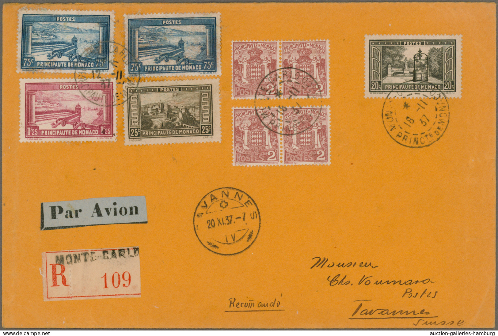 Monaco: 1933/1937, Freimarken Bauwerke, 10 Fr. Blau Und 20 Fr. Schwarz, Beide Sp - Lettres & Documents