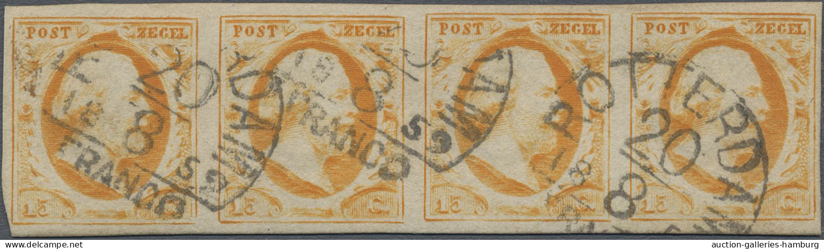 Netherlands: 1852, Willem 15c. Orange, Horizontal Strip Of Four (pos. 96-99), Fr - Autres & Non Classés