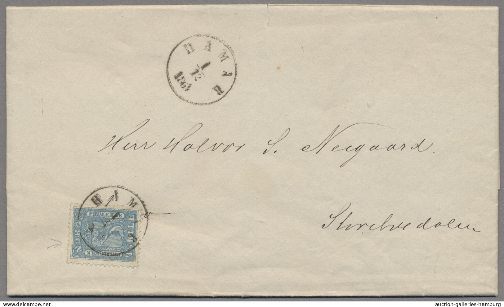 Norway: 1864, Wappen, Wertziffer Nur Links, 4 Sk. Blau Mit Plattenfehler "Gebroc - Lettres & Documents