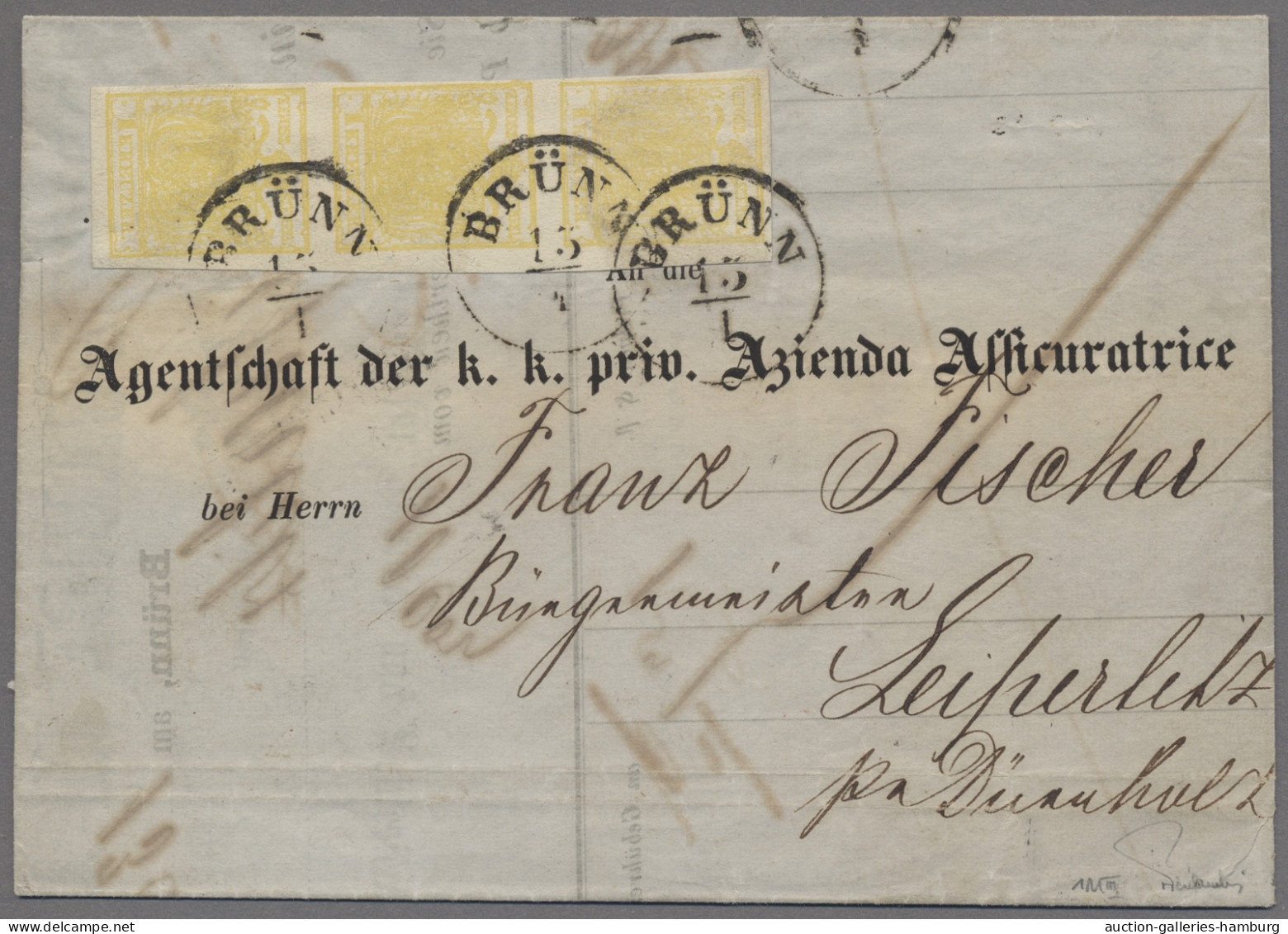 Österreich: 1850, Freimarke 1 Kreuzer Gelb Im Senkrechtem Dreierstreifen, Allsei - Cartas & Documentos