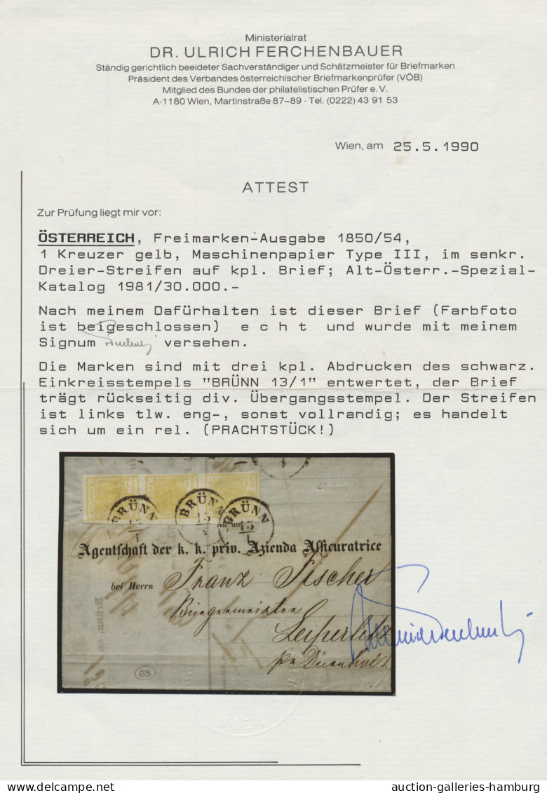 Österreich: 1850, Freimarke 1 Kreuzer Gelb Im Senkrechtem Dreierstreifen, Allsei - Lettres & Documents