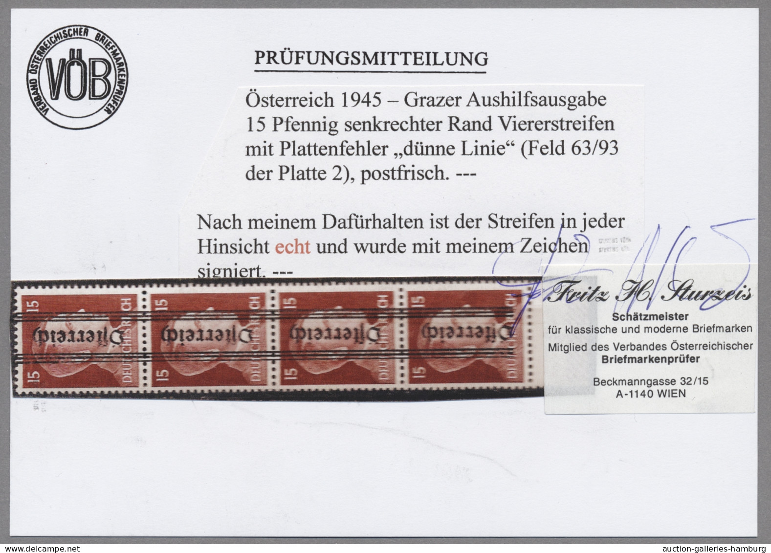 Österreich: 1945, Grazer Aushilfsausgabe 15 Pfg. Im Senkrechtem, Tadellos Postfr - Neufs