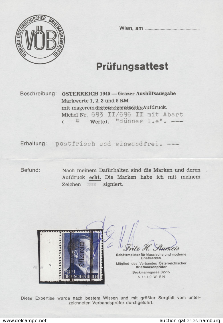 Österreich: 1945, Grazer Aushilfsausgabe 1, 2, 3 Und 5 RM Mit Magerem Aufdruck, - Nuevos