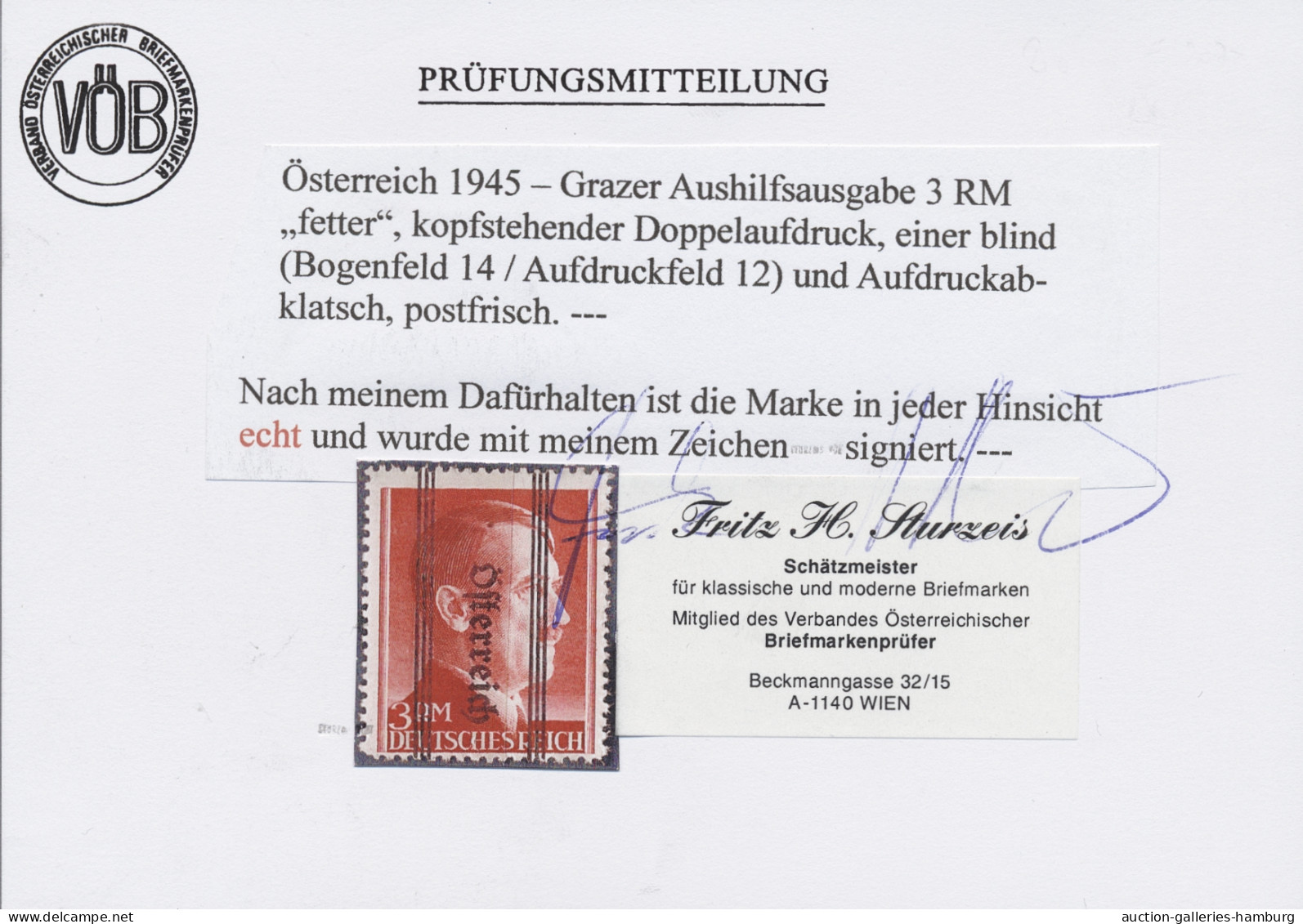 Österreich: 1945, Grazer Aushilfsausgabe 3 RM Mit Kopfstehendem Fettem Doppelauf - Unused Stamps